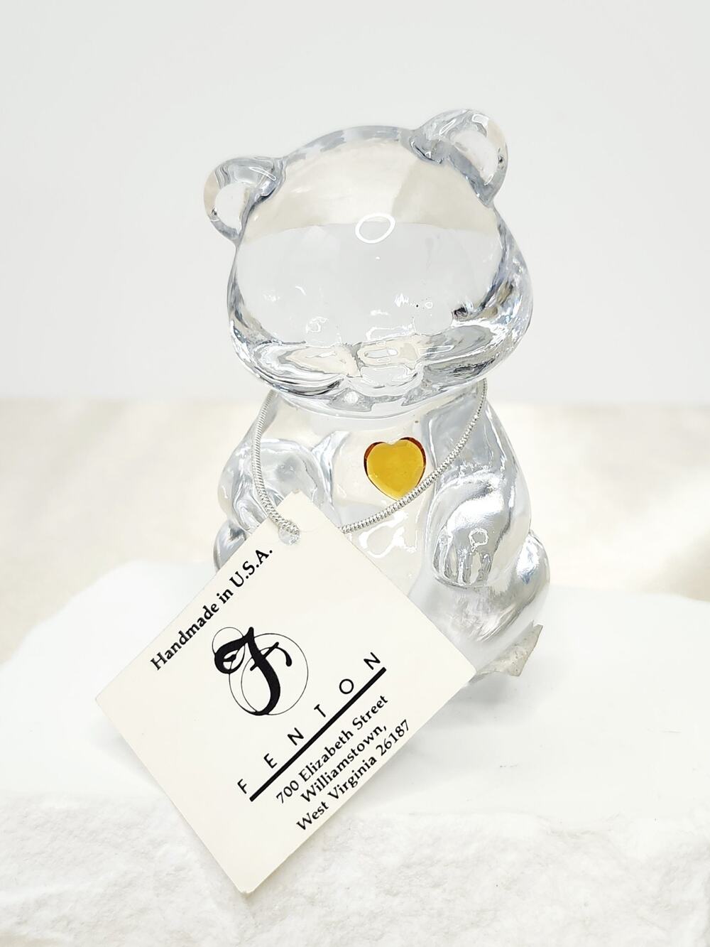 Fenton Clear Art Glass November Birthstone Bear Figurine Gold Topaz Heart NOS